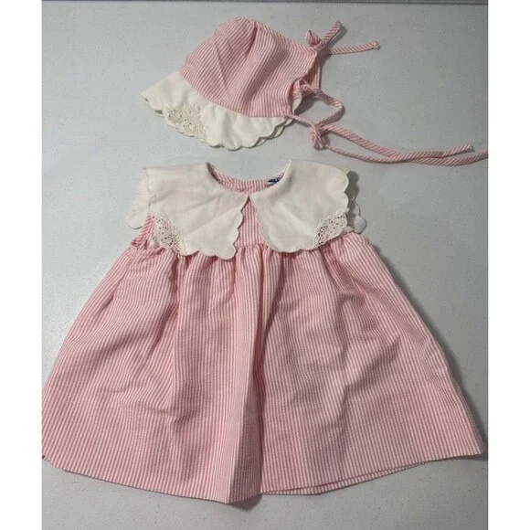 Vtg Fayette Dress Girls 18M Pink Seersucker Square Collar Set 3